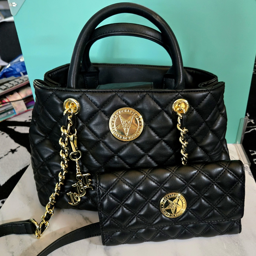 Black Quilted Designer Handbag and Wallet Set
